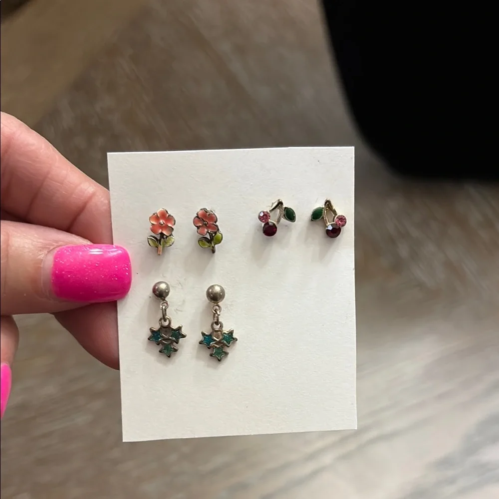 Vintage set of small cherries, blue stars, & pink flowers pierced earrings